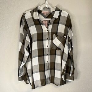 Philosophy Olive and White Checkered Button Down‎ Shirt